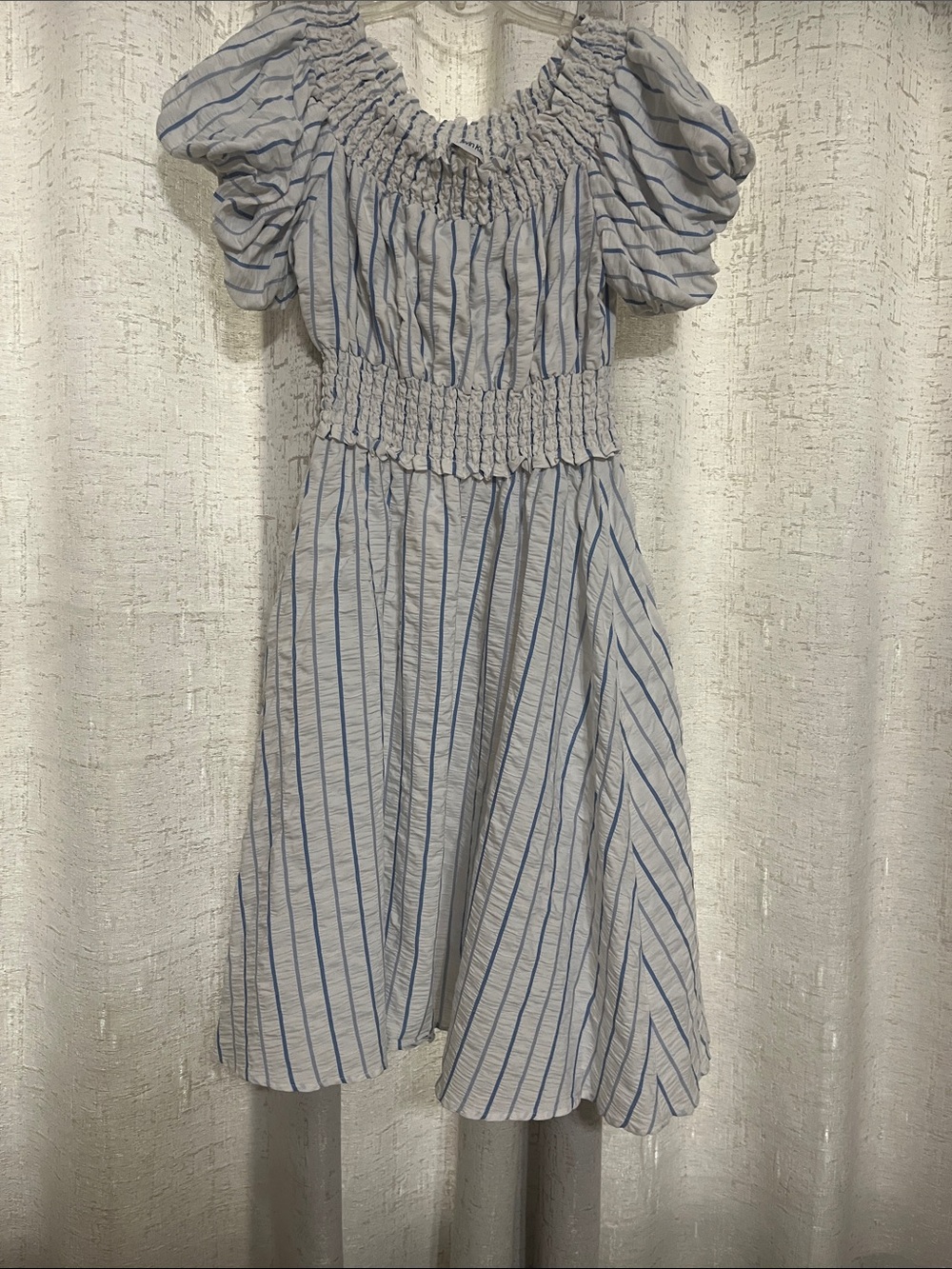 Calvin Klein Light Blue & White Striped Smocked Waist Dress